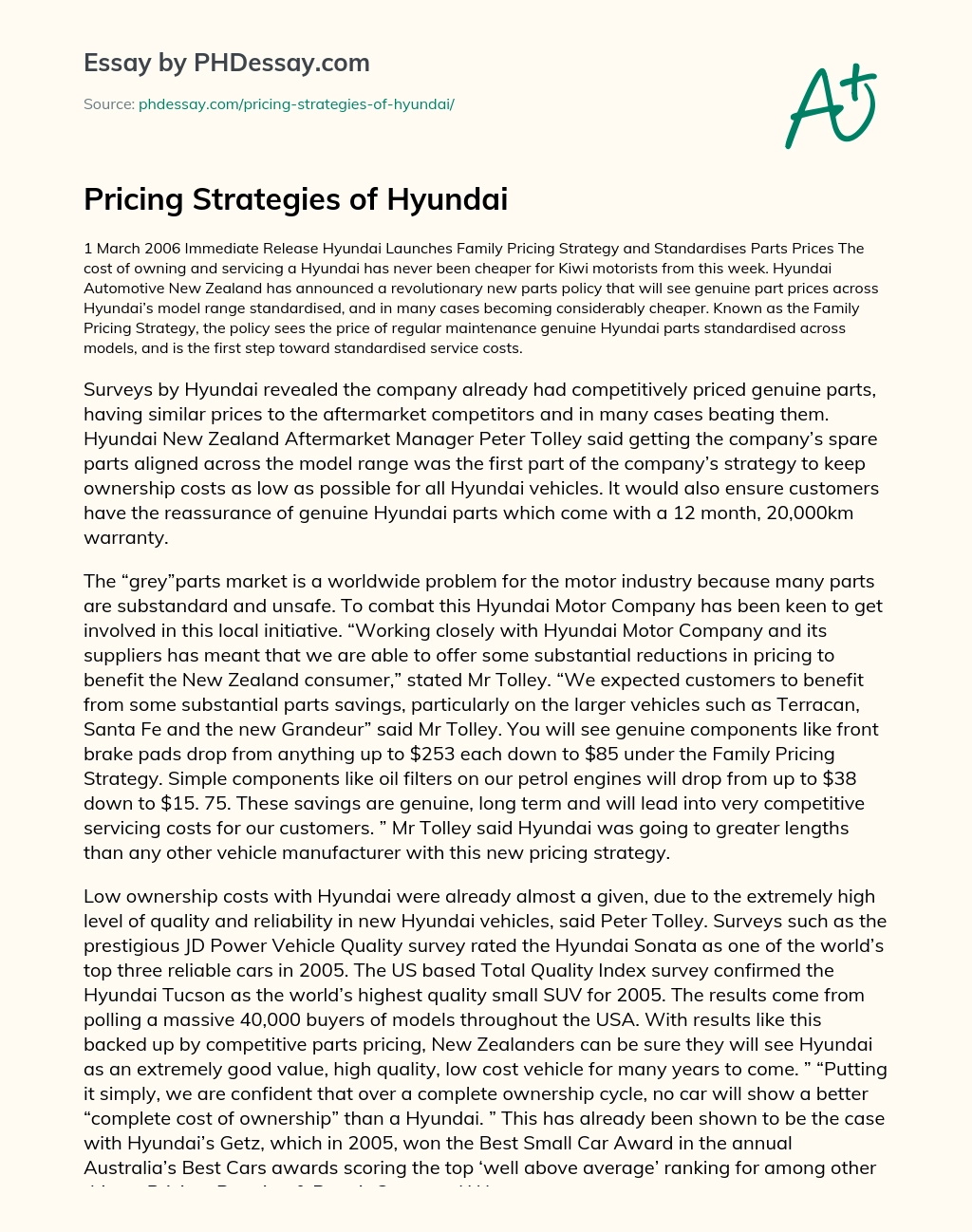 Pricing Strategies of Hyundai essay