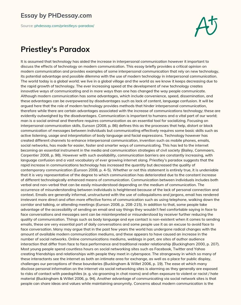 Priestley’s Paradox essay