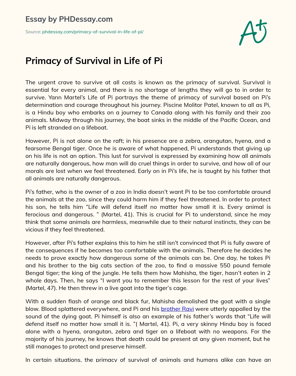 Primacy of Survival in Life of Pi essay