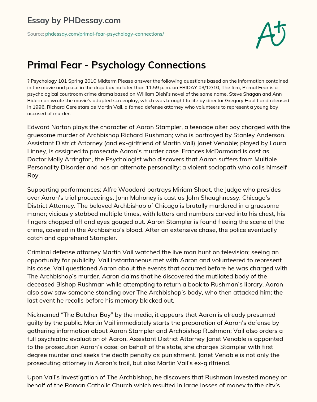 Primal Fear – Psychology Connections essay