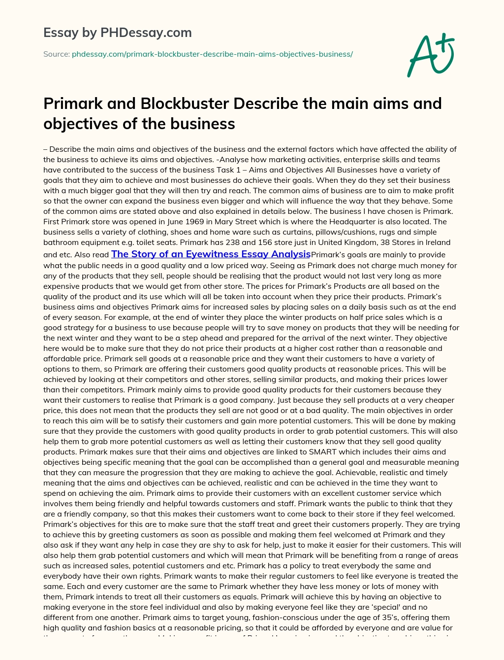 Primark and Blockbuster Describe the main aims and objectives of the business essay