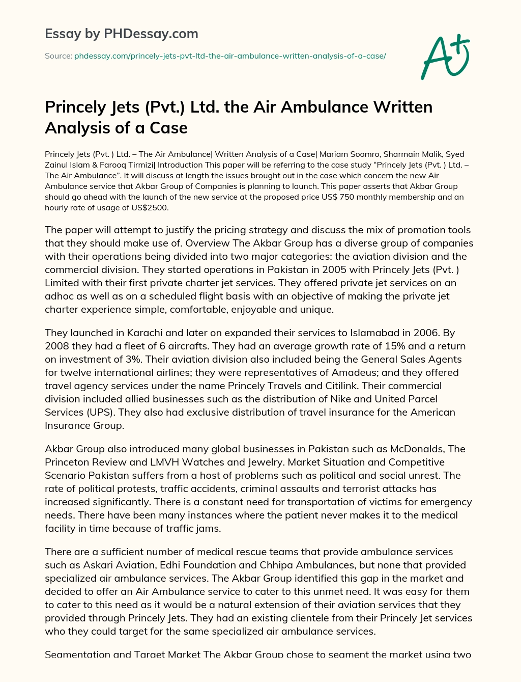 Princely Jets (Pvt.) Ltd. the Air Ambulance essay