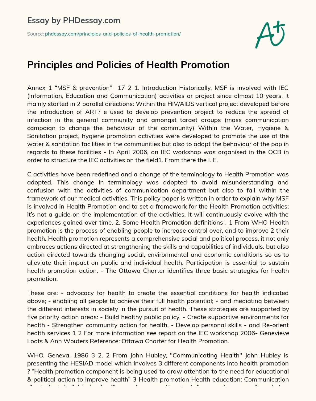 Principles and Policies of Health Promotion essay