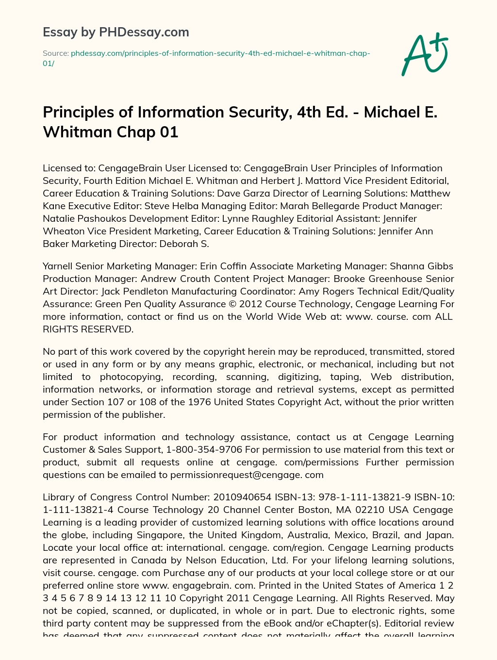 Principles of Information Security, 4th Ed. – Michael E. Whitman Chap 01 essay