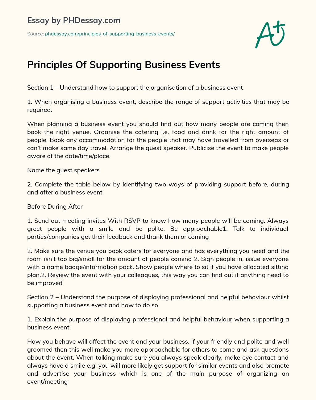 Principles Of Supporting Business Events essay