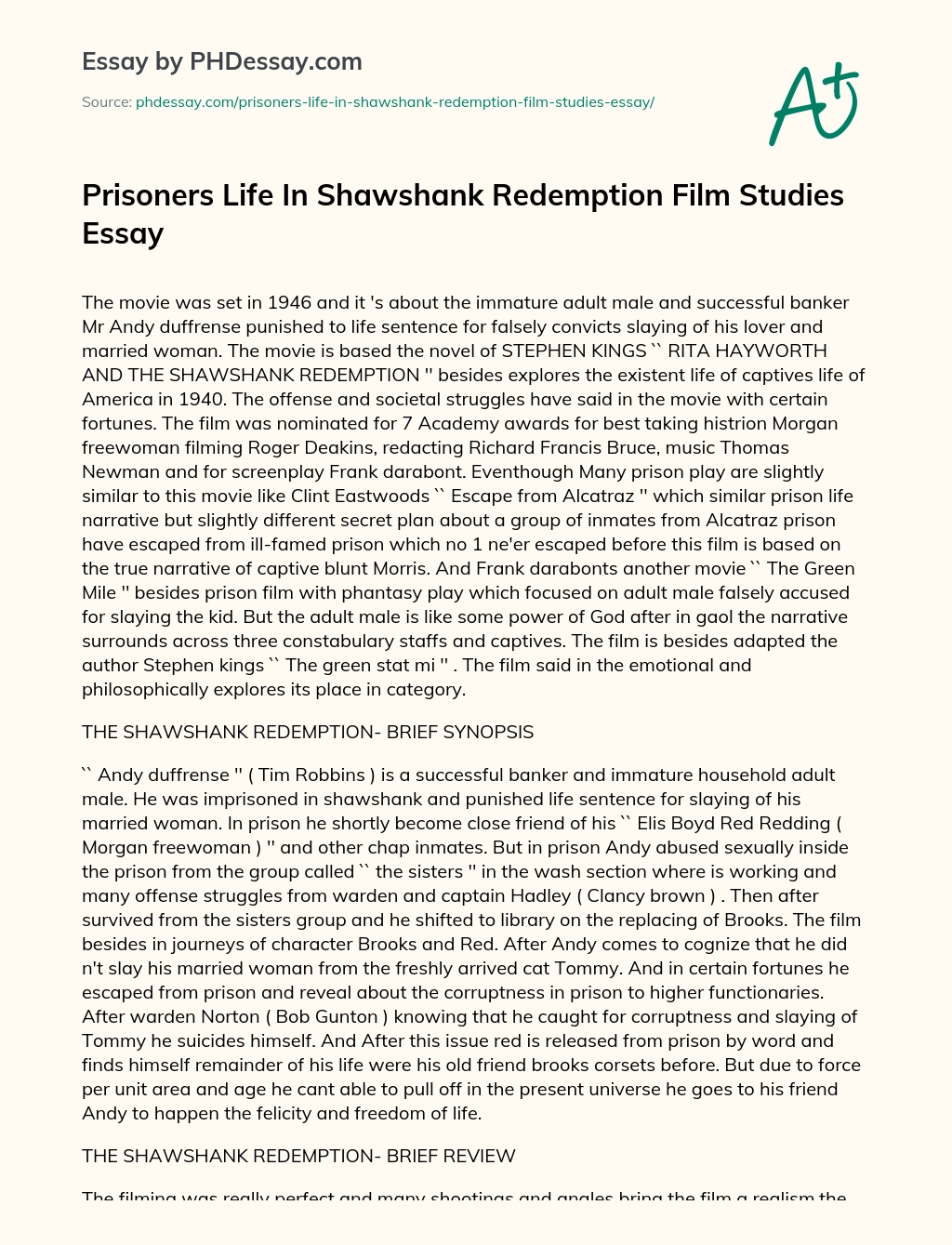 shawshank redemption essay ideas