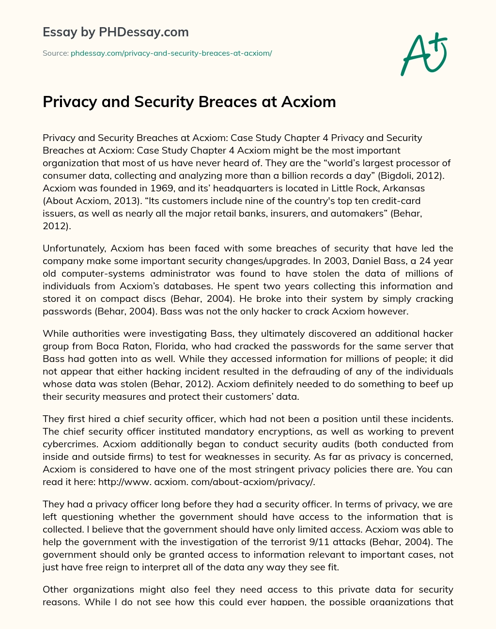 Privacy and Security Breaces at Acxiom essay