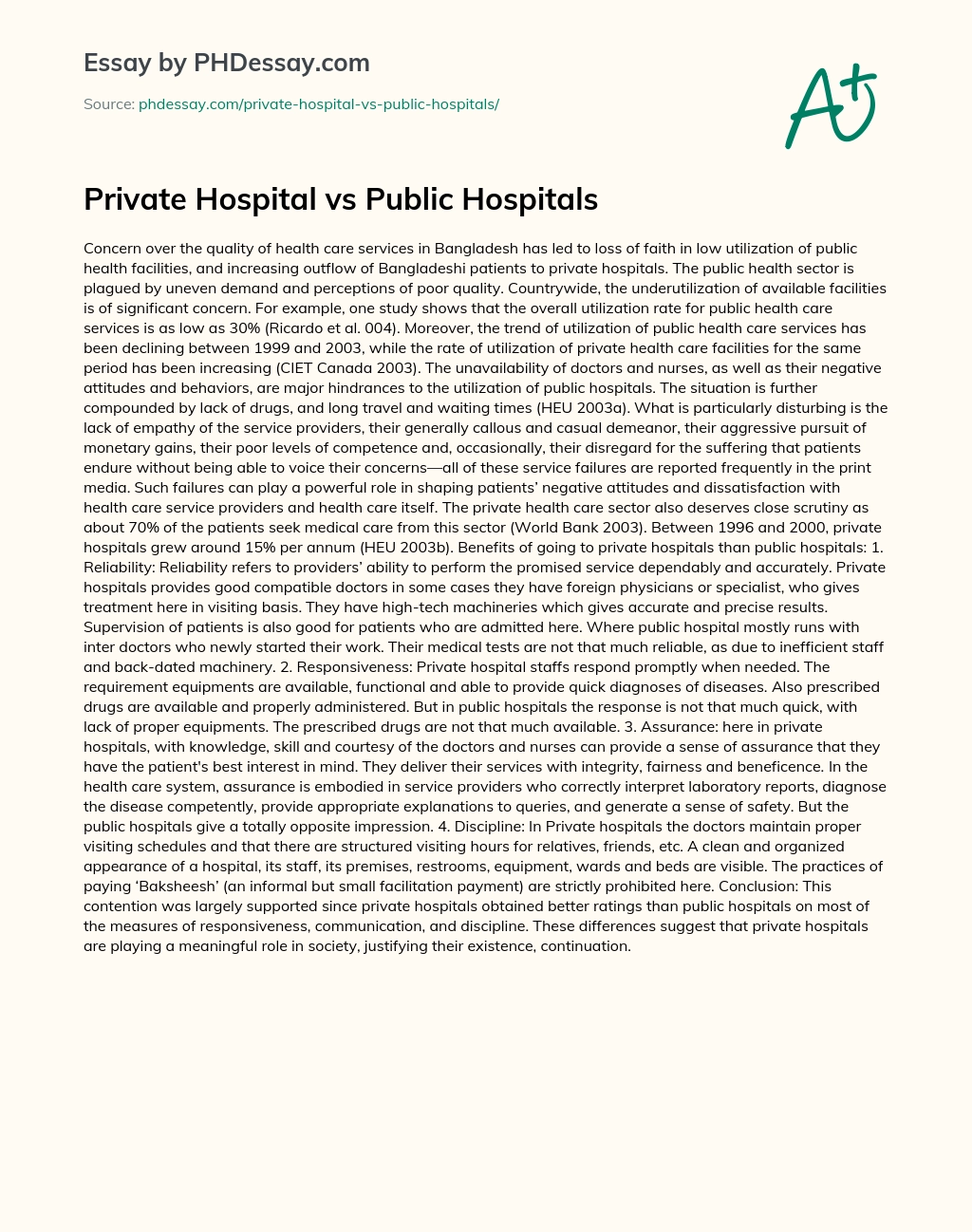 Private Hospital vs Public Hospitals essay