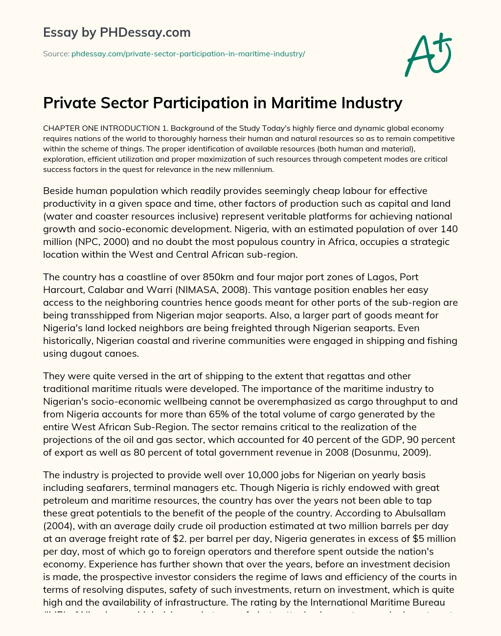 Private Sector Participation in Maritime Industry essay