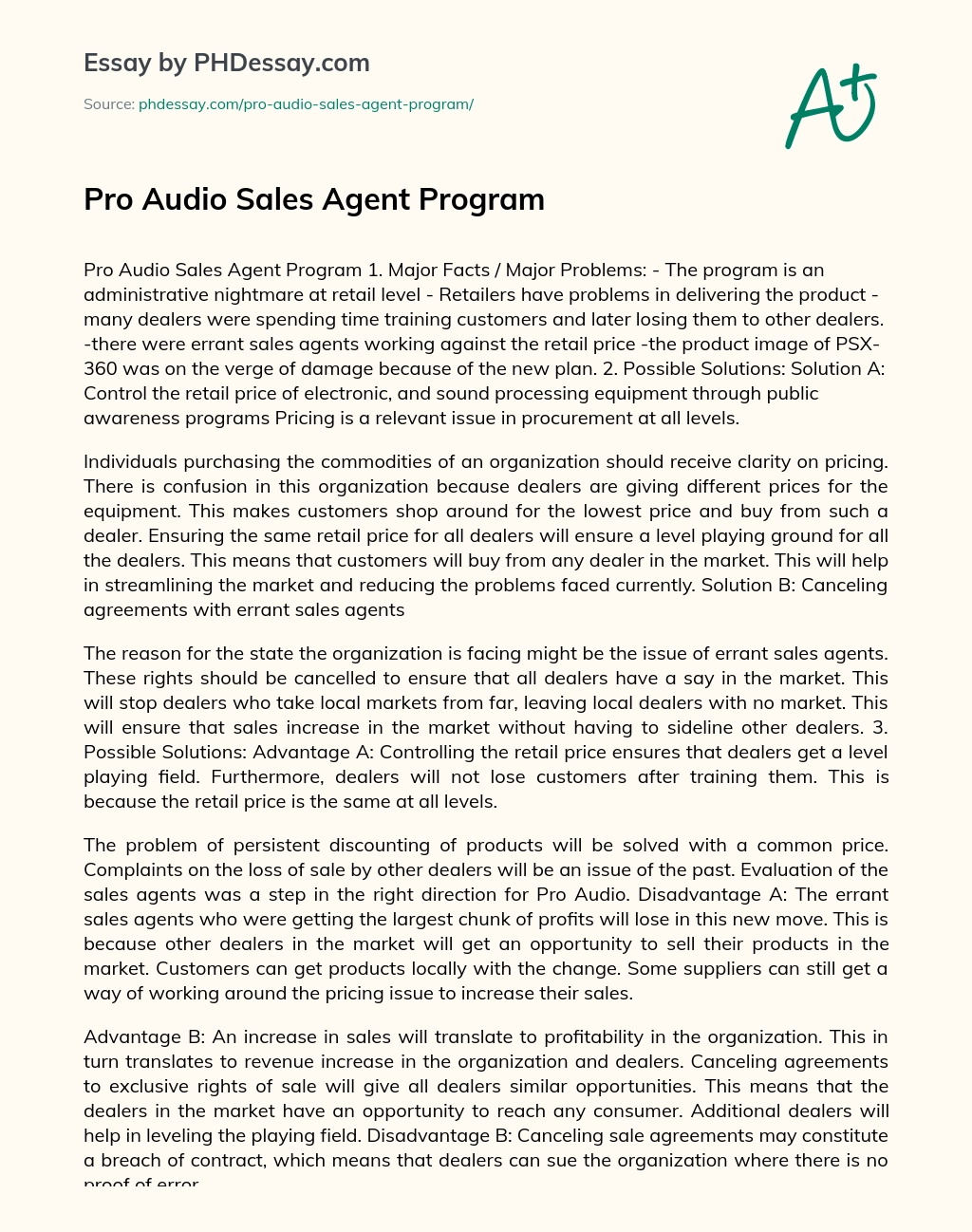 Pro Audio Sales Agent Program essay