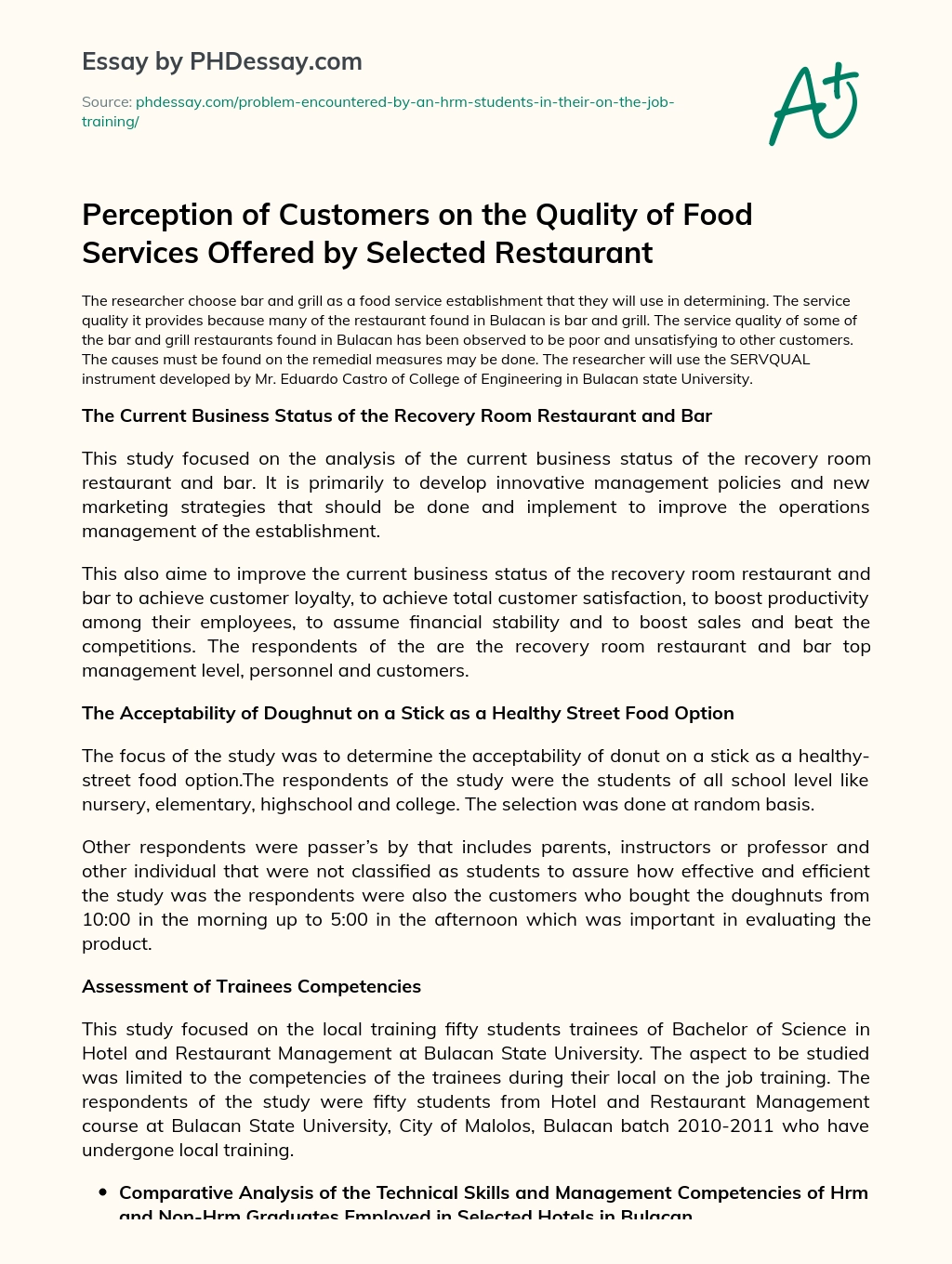 Perception of Customers on the Quality of Food Services Offered by Selected Restaurant essay