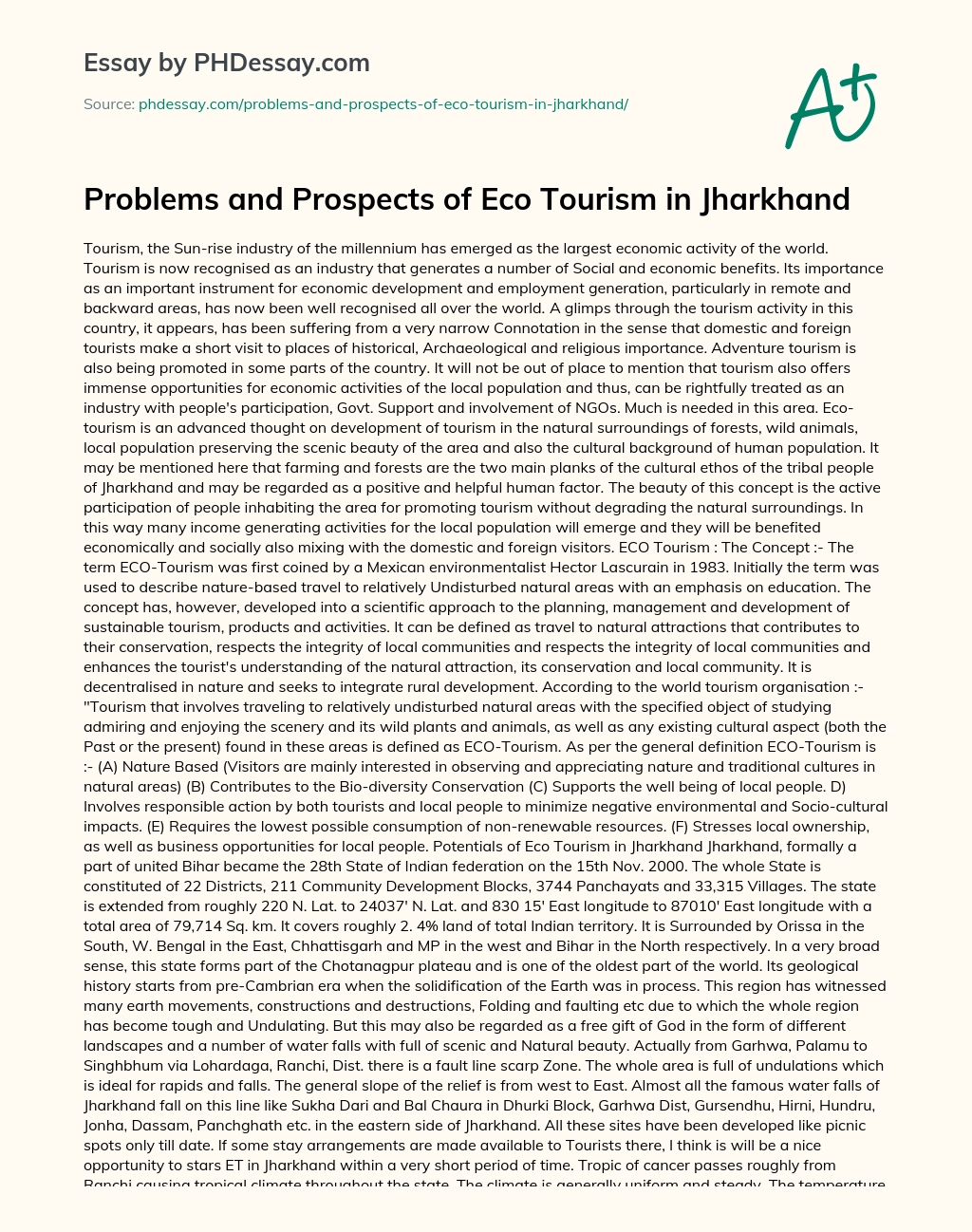 Problems and Prospects of Eco Tourism in Jharkhand essay