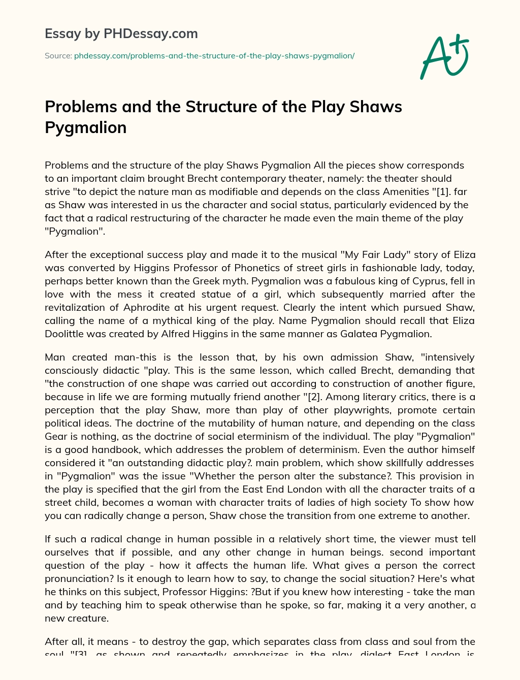 Problems and the Structure of the Play Shaws Pygmalion essay