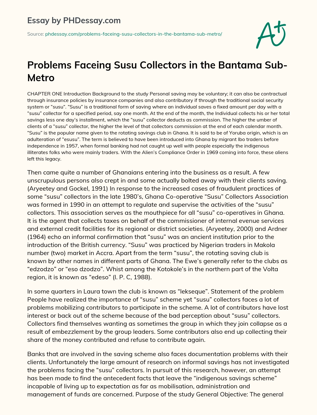 Problems Faceing Susu Collectors in the Bantama Sub-Metro essay