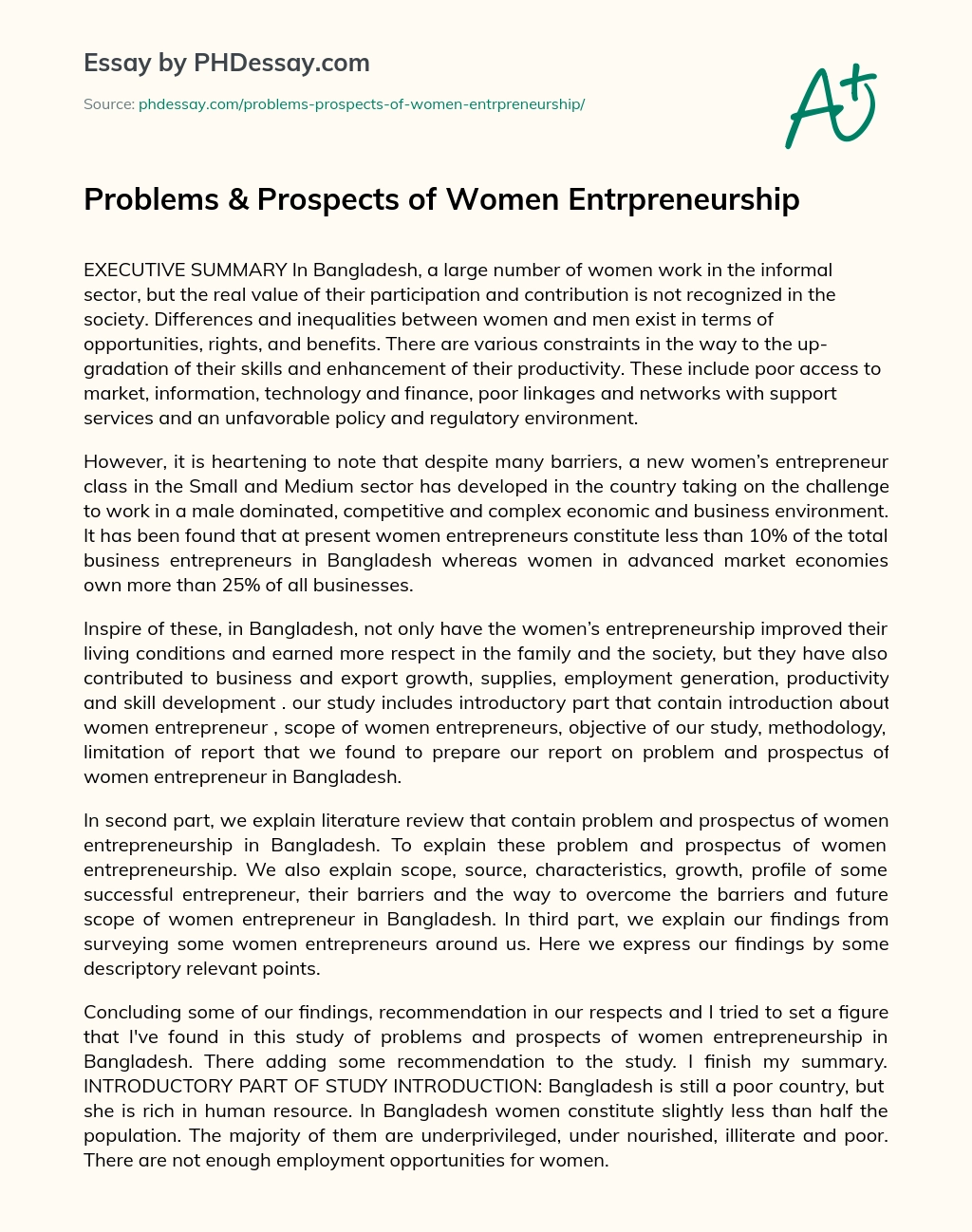 Problems & Prospects of Women Entrpreneurship essay