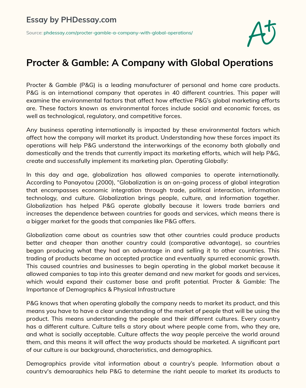 Procter & Gamble: A Company with Global Operations essay