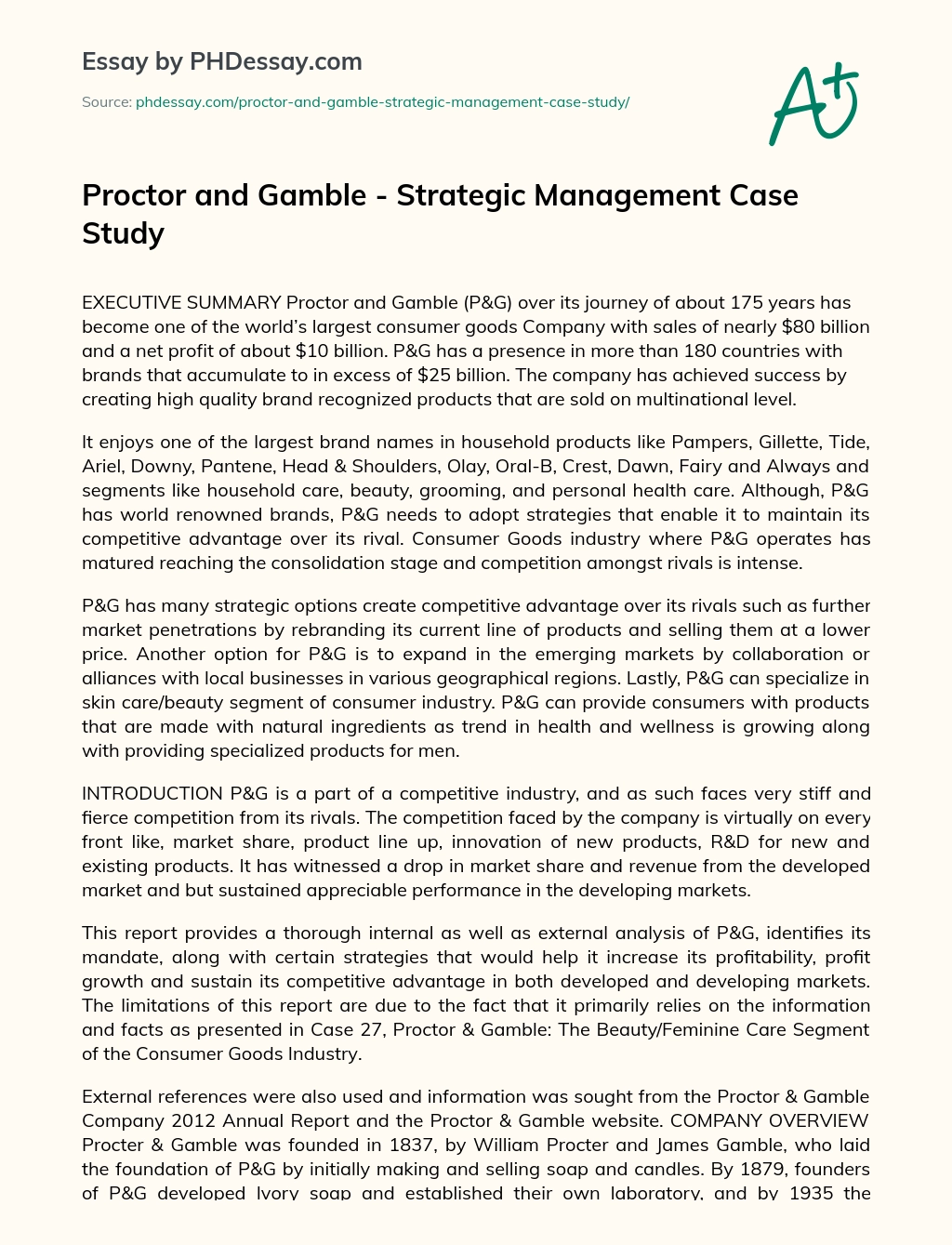 Proctor and Gamble – Strategic Management Case Study essay