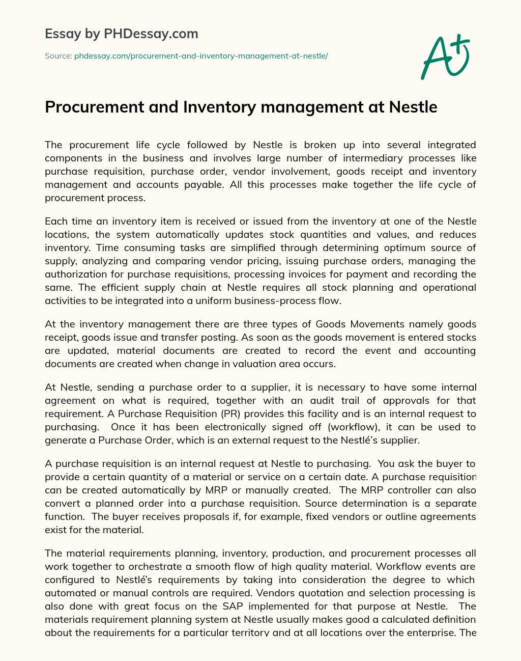 Procurement and Inventory management at Nestle essay