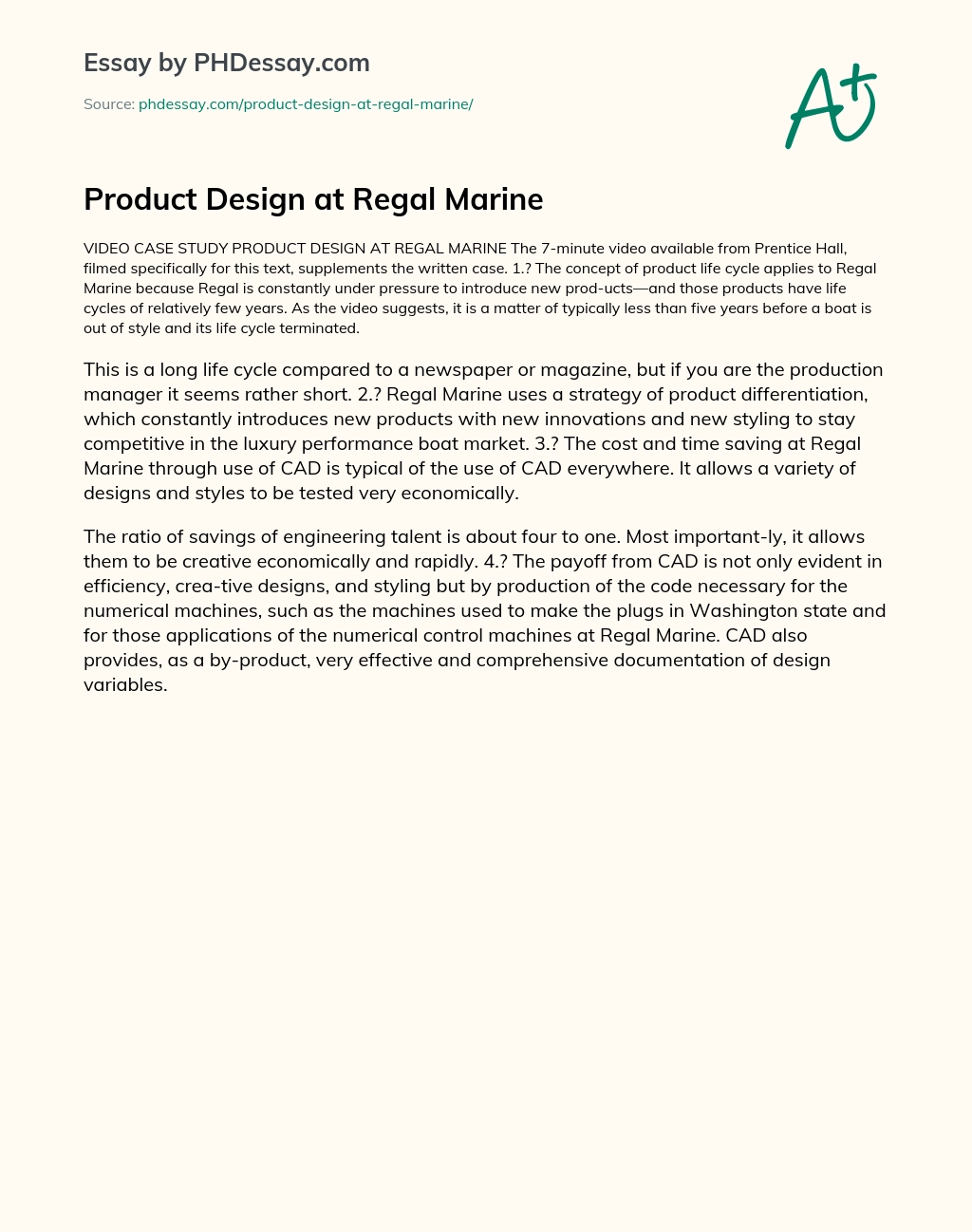 Product Design at Regal Marine essay