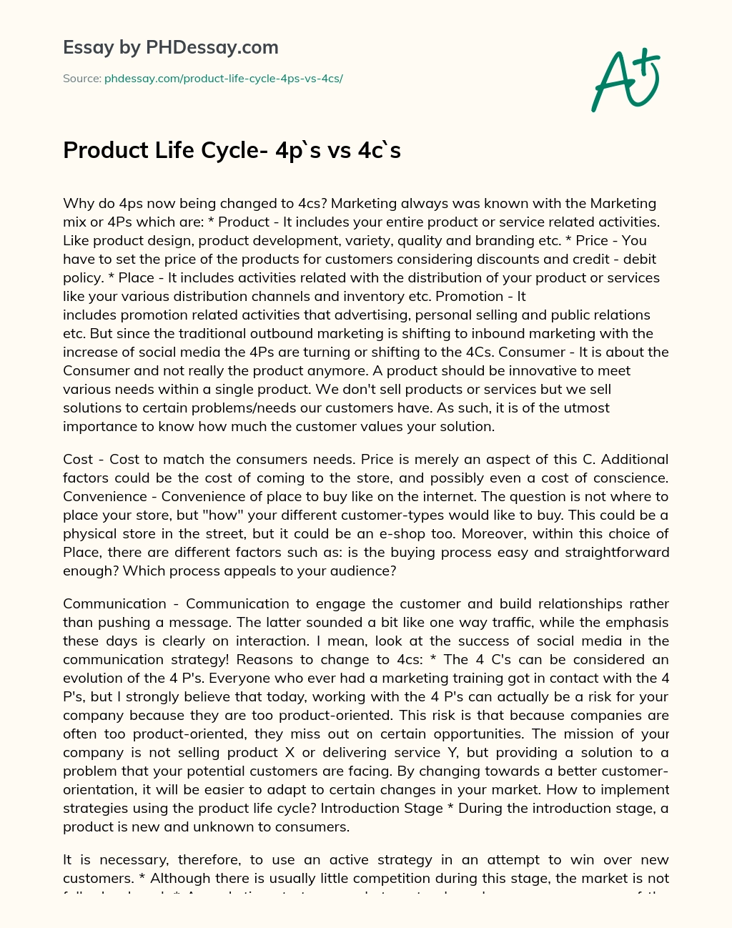 Product Life Cycle- 4p`s vs 4c`s essay