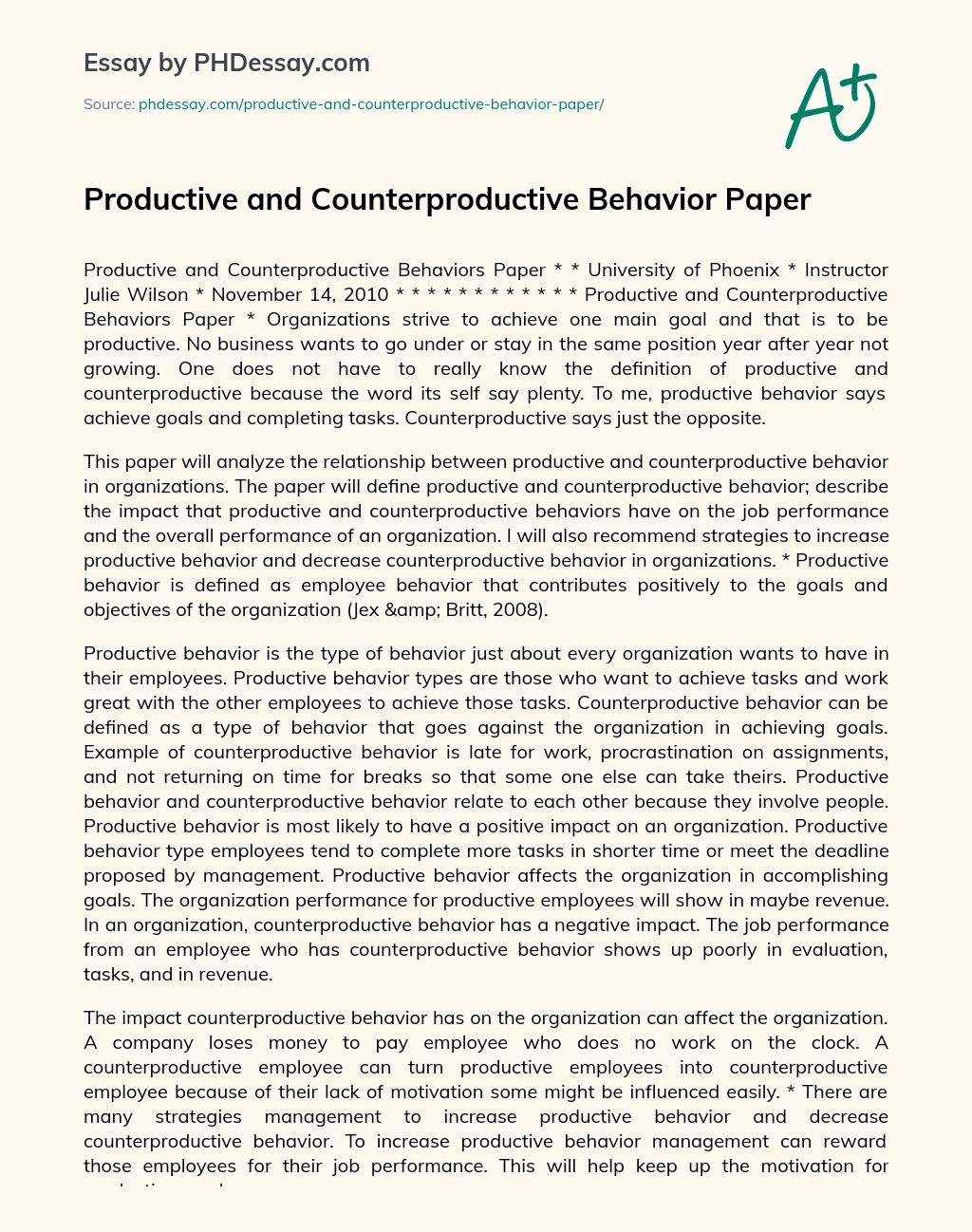 Productive and Counterproductive Behavior Paper essay
