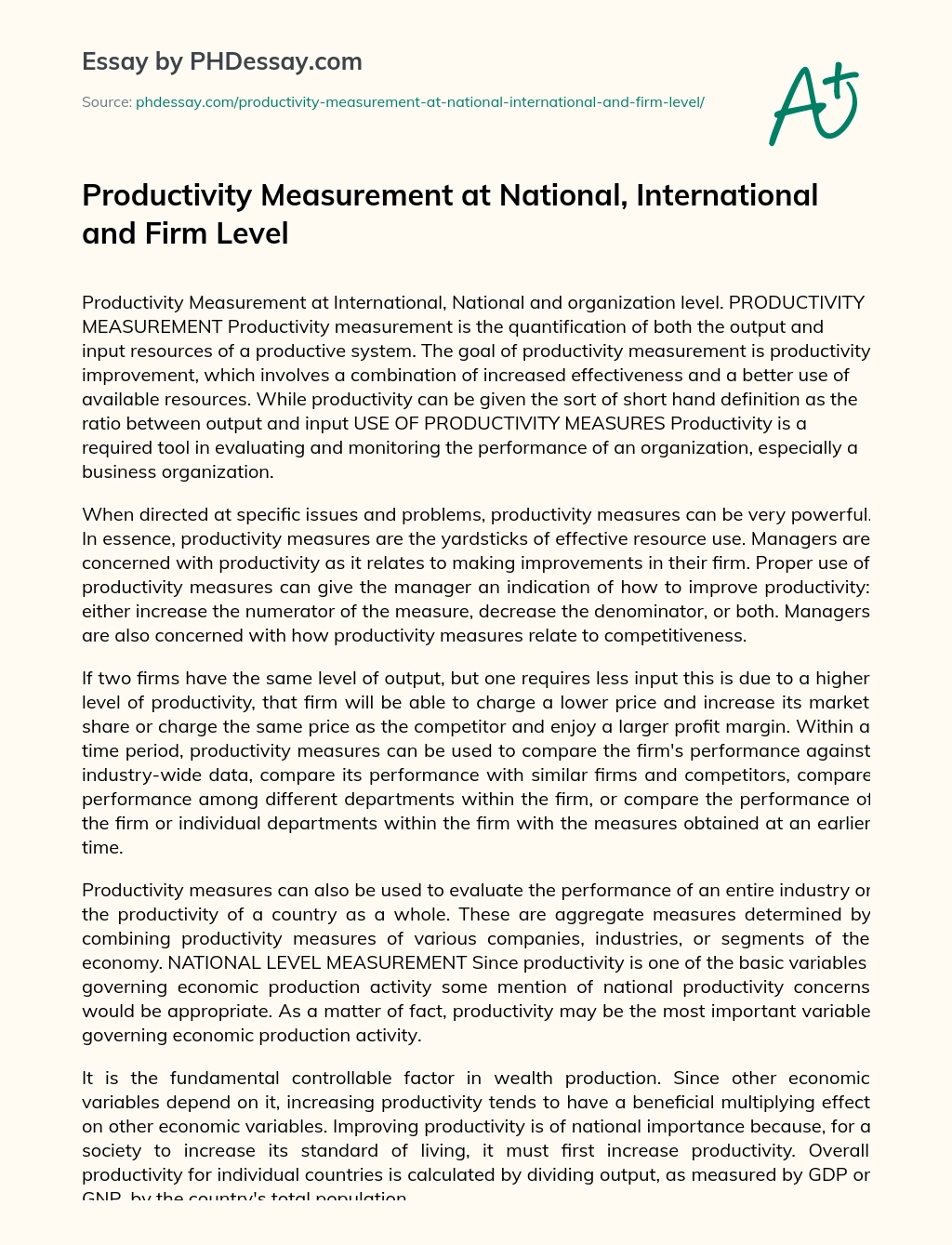 Productivity Measurement at National, International and Firm Level essay