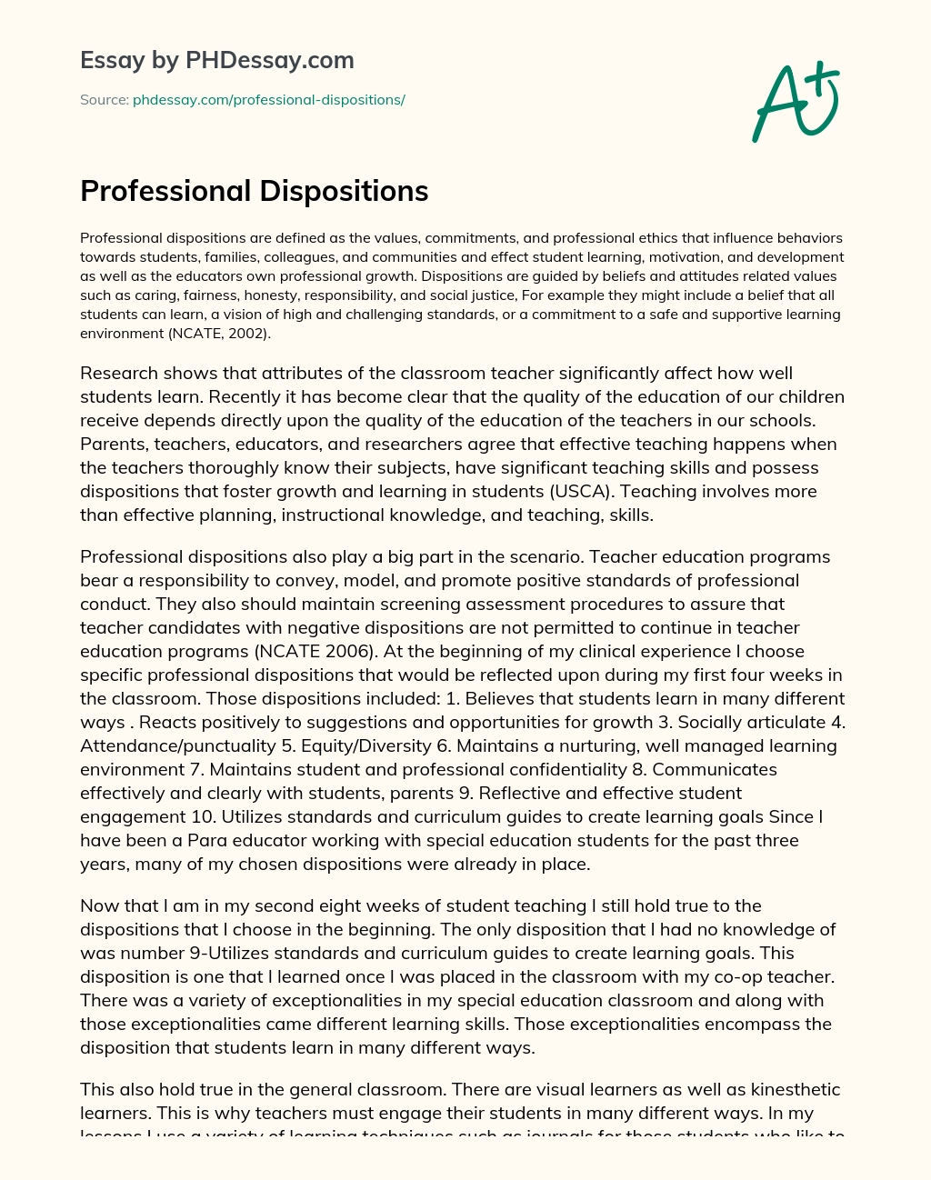 Professional Dispositions essay