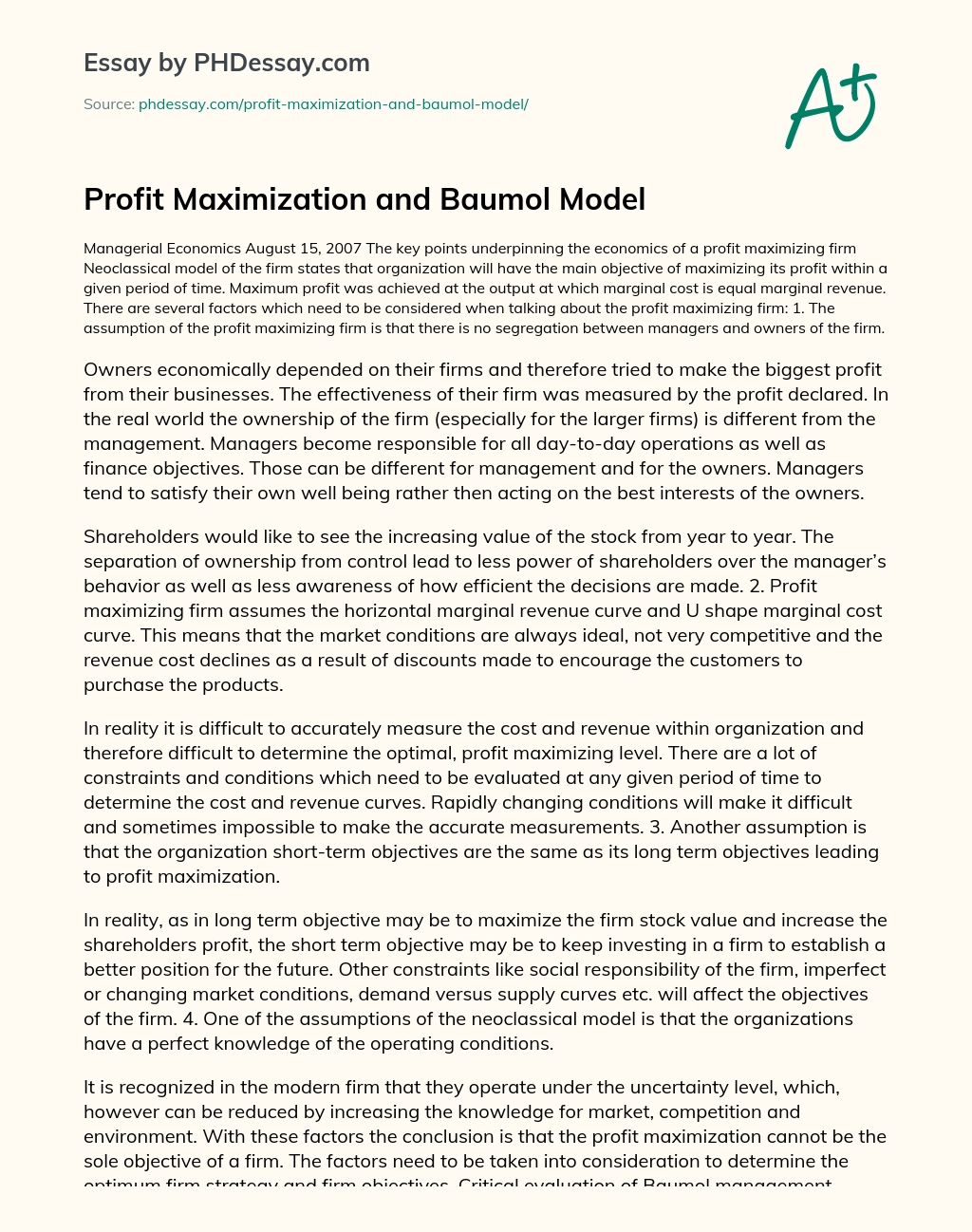Profit Maximization and Baumol Model essay