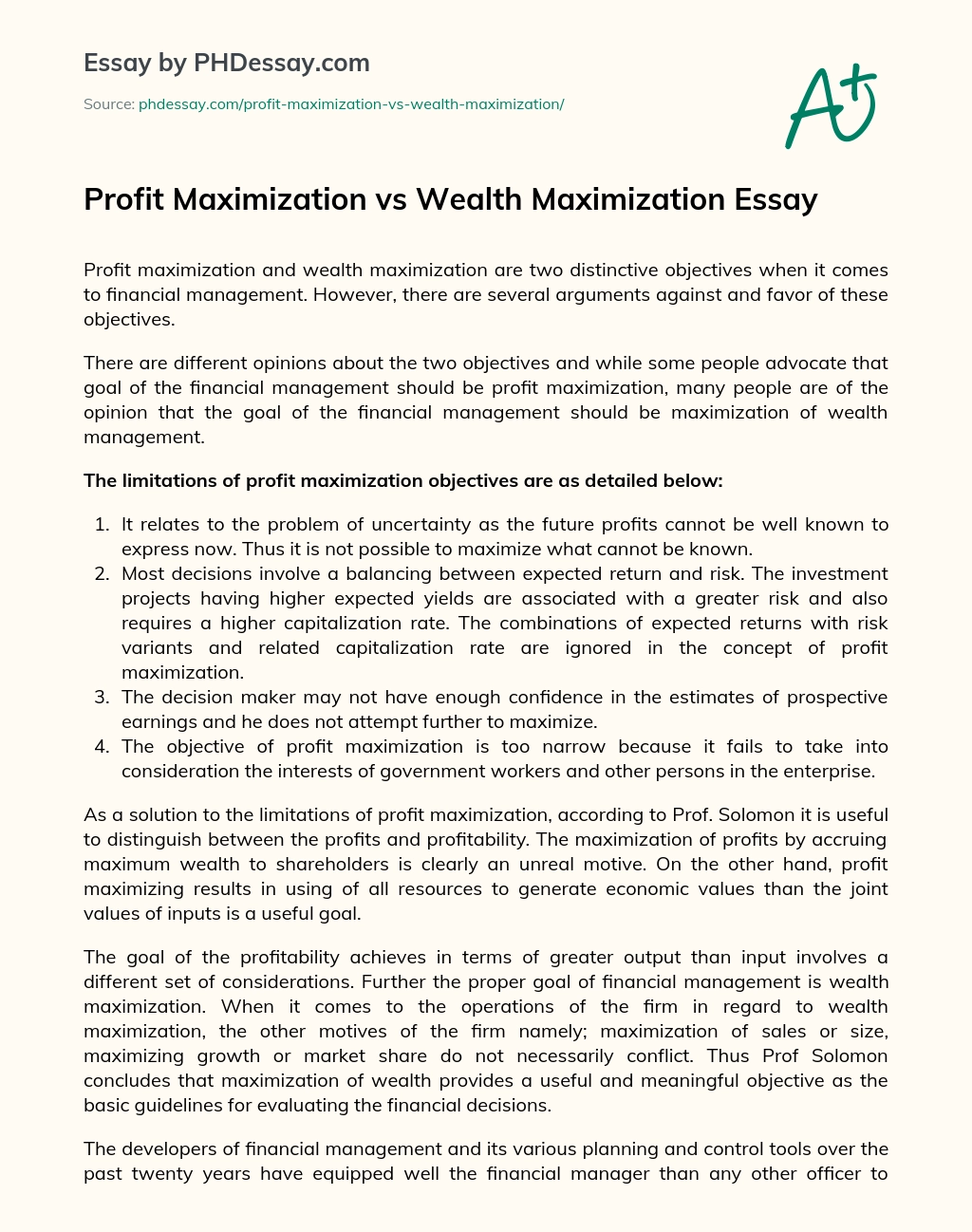 Profit Maximization vs Wealth Maximization Essay essay