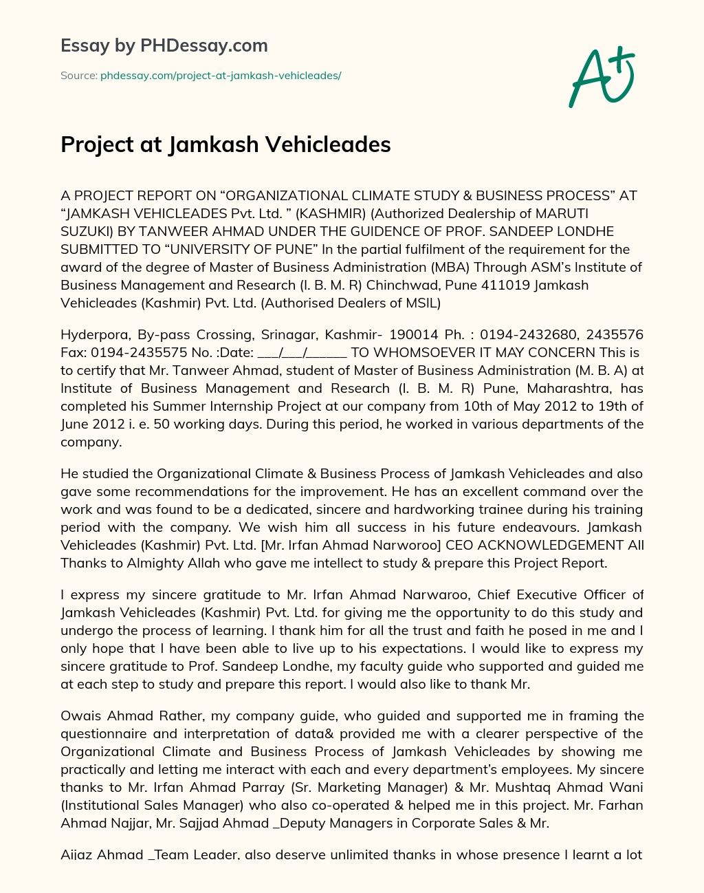 Project at Jamkash Vehicleades essay