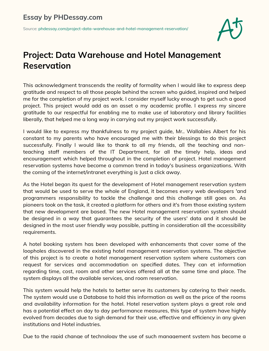 Project: Data Warehouse and Hotel Management Reservation essay