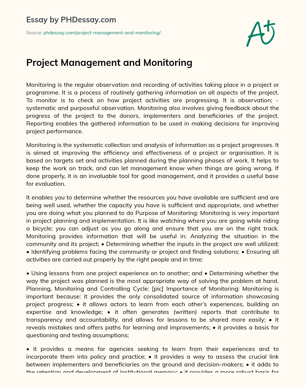 Project Management and Monitoring essay