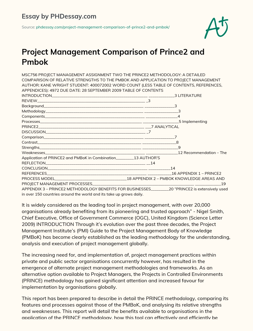 Project Management Comparison of Prince2 and Pmbok essay