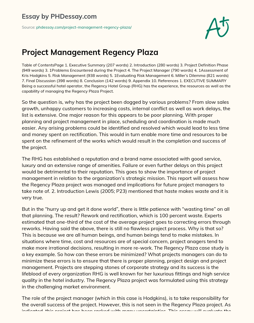 Project Management Regency Plaza essay