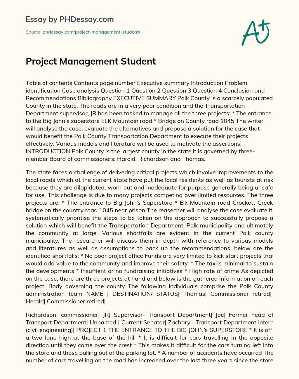 Project Management Student essay