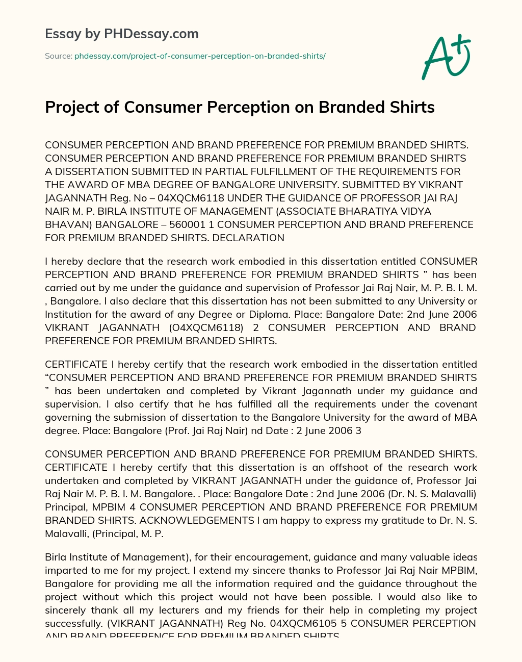 Project of Consumer Perception on Branded Shirts essay