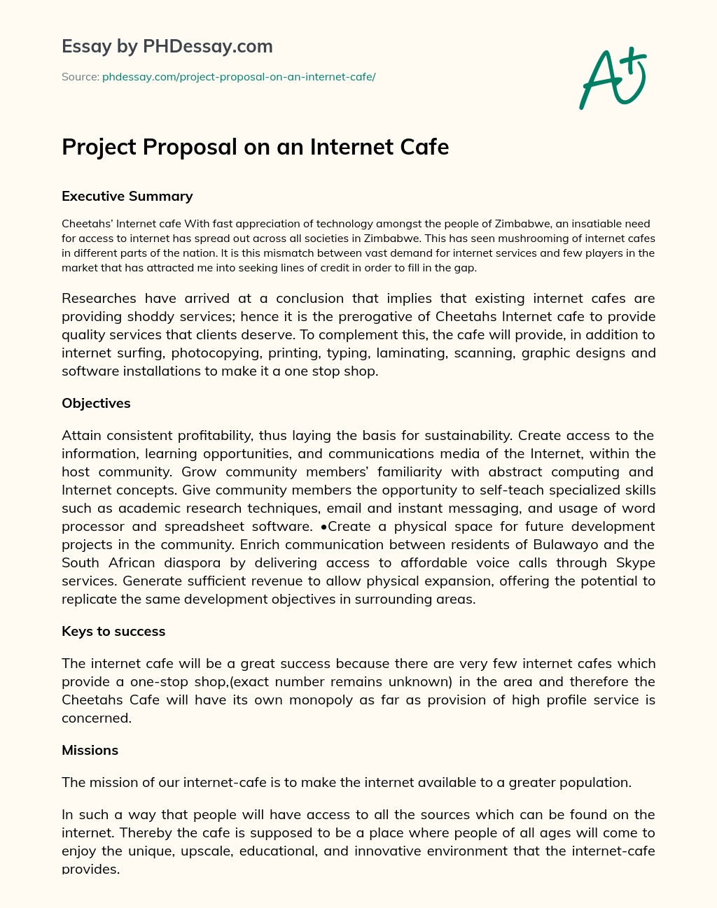 Project Proposal on an Internet Cafe essay
