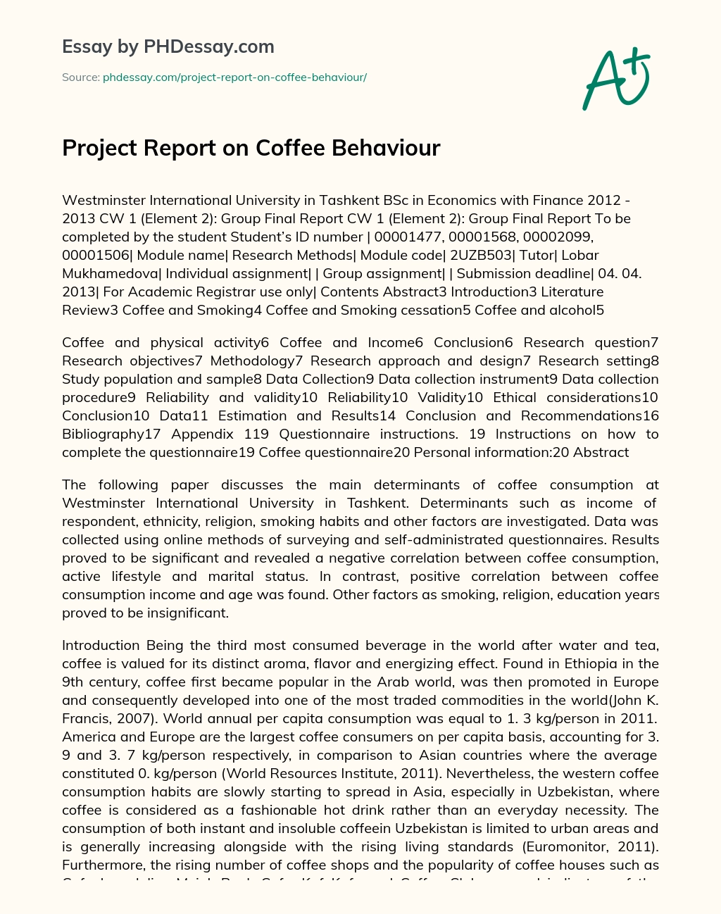 Project Report on Coffee Behaviour essay