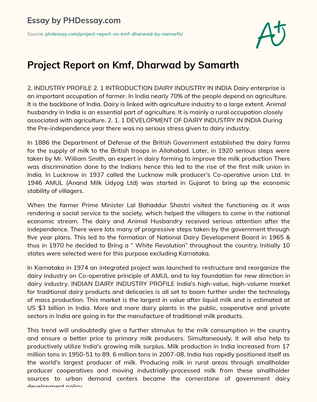 Project Report on Kmf, Dharwad by Samarth essay