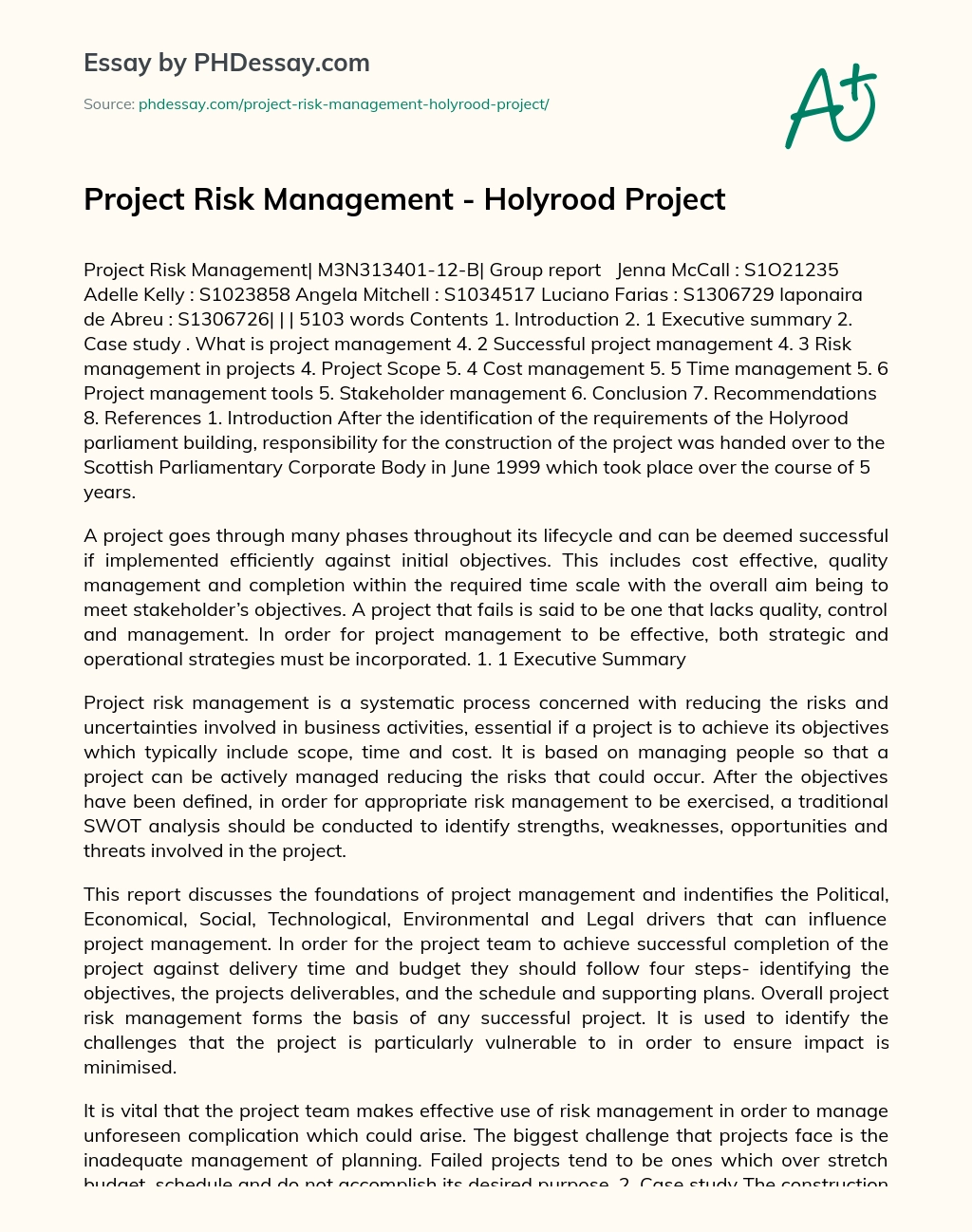 Project Risk Management – Holyrood Project essay