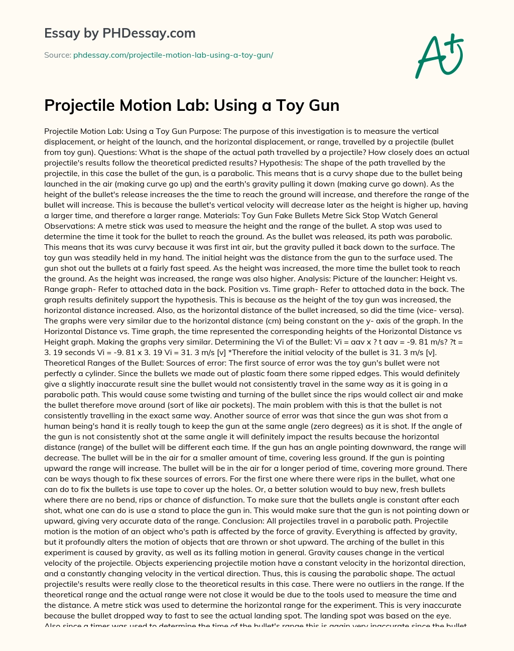 Projectile Motion Lab: Using a Toy Gun essay