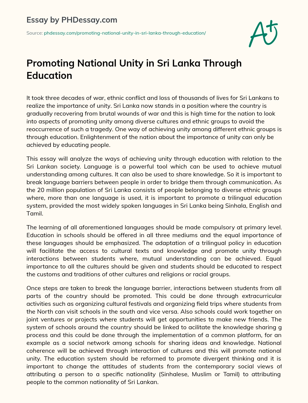 Promoting National Unity in Sri Lanka Through Education essay