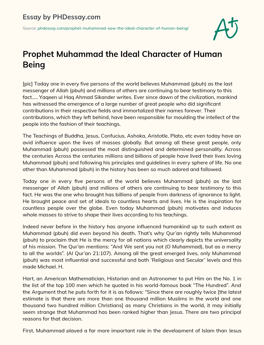 Prophet Muhammad the Ideal Character of Human Being essay