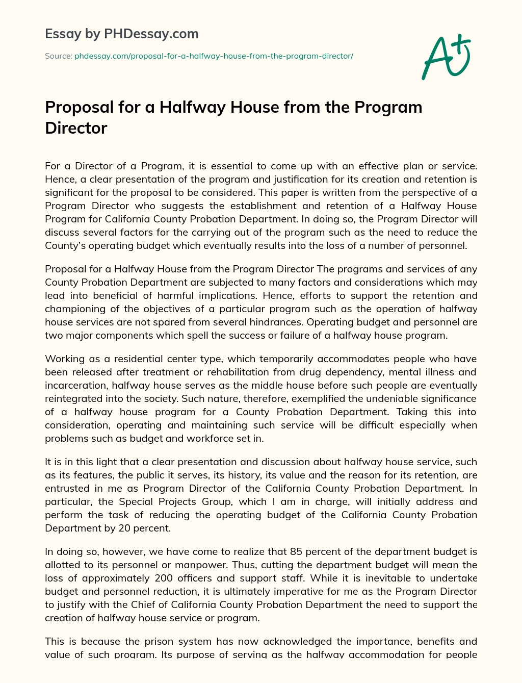 Proposal for a Halfway House from the Program Director essay