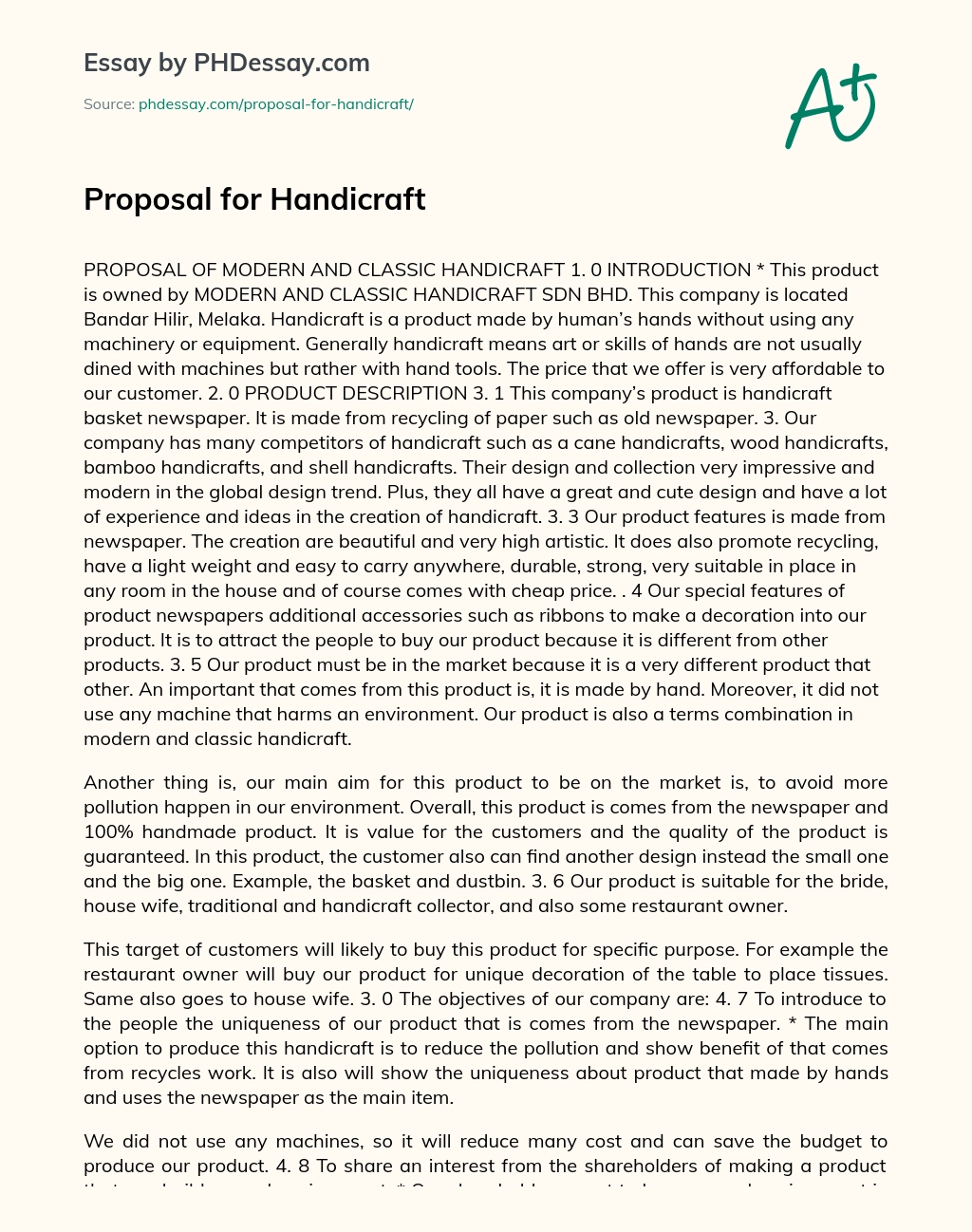 Proposal for Handicraft essay