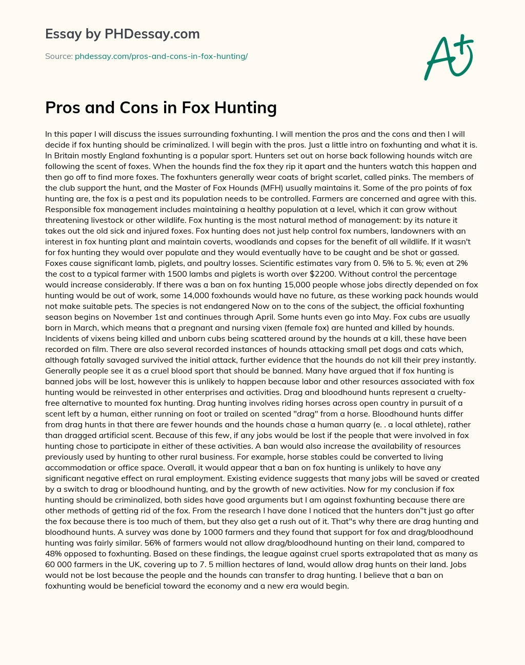 Pros and Cons in Fox Hunting essay