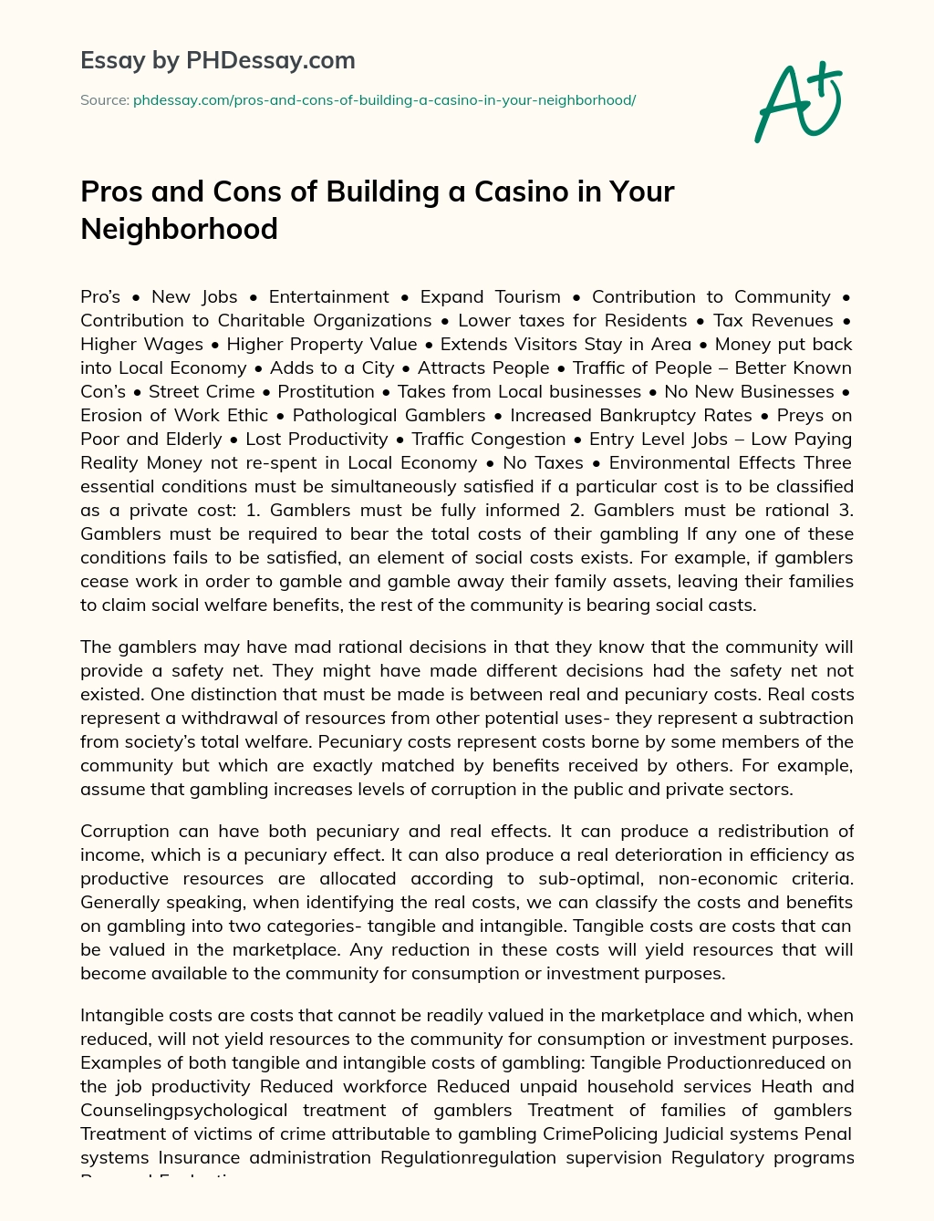 Pros and Cons of Building a Casino in Your Neighborhood essay