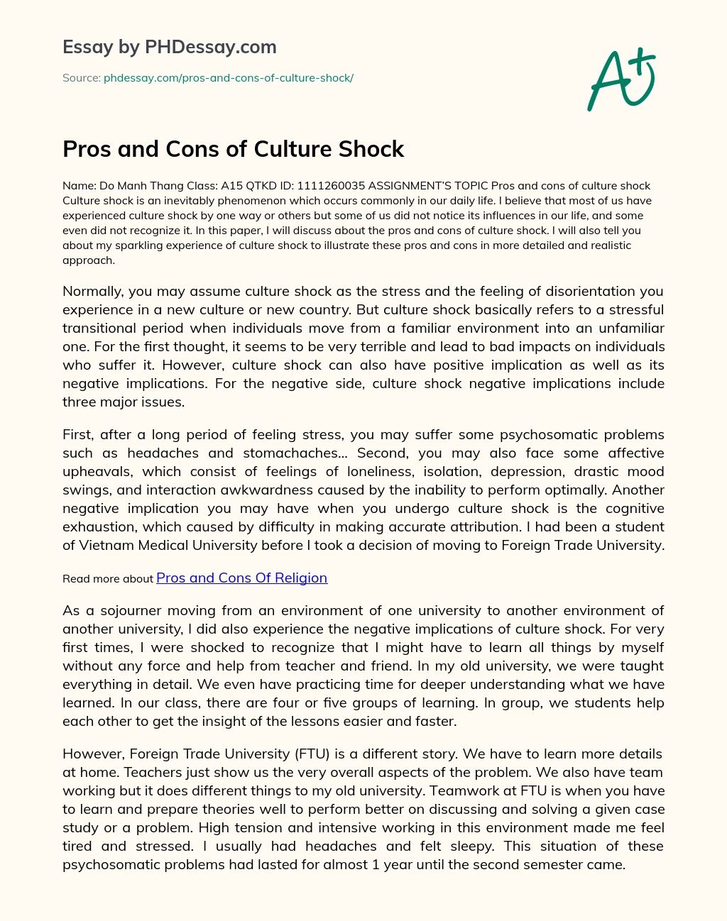 Pros and Cons of Culture Shock essay