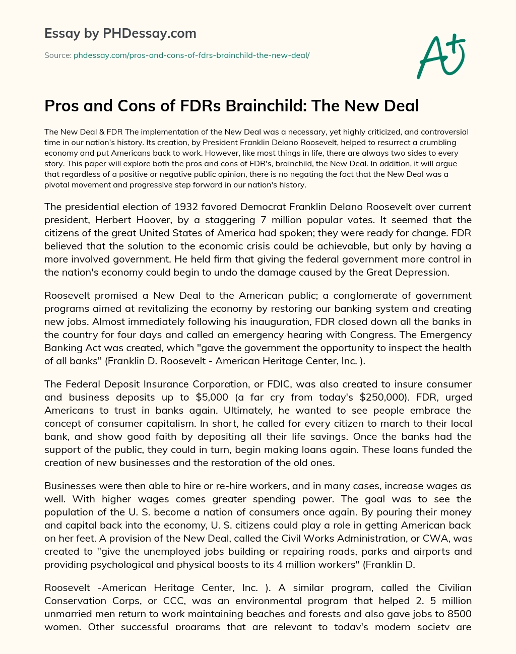 Pros and Cons of FDRs Brainchild: The New Deal essay