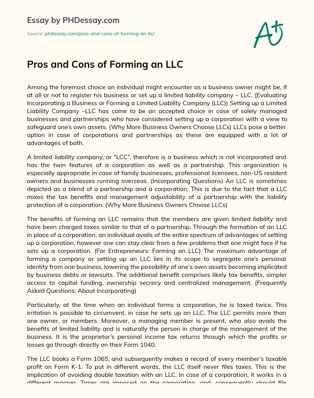 Pros and Cons of Forming an LLC essay